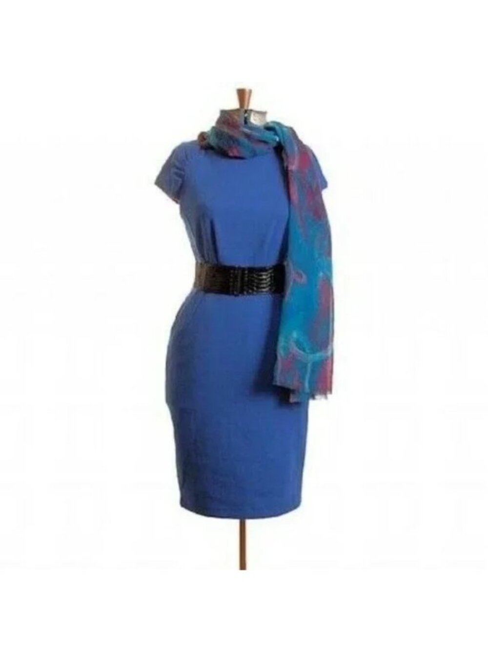 🆕MAX & CLEO Ponte Knit Belted Sheath Dress 10 Blue
